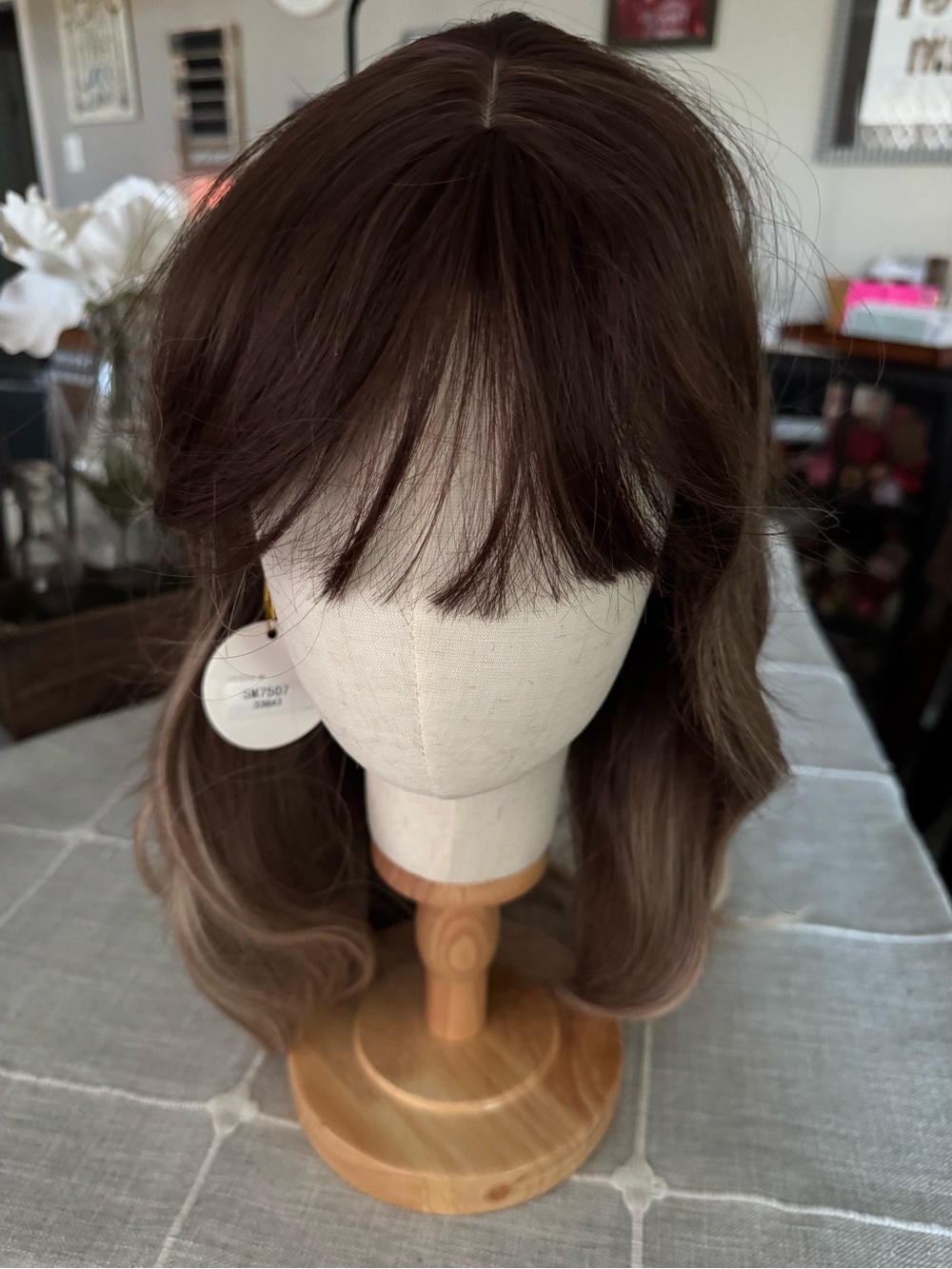 Brown Shoulder-Length Wig with Soft Bangs - Women Hair